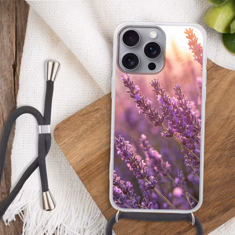 Lavendel - Paars - Zonlicht Hoesje iPhone 16 Pro Max met koord klein -sfeer4
