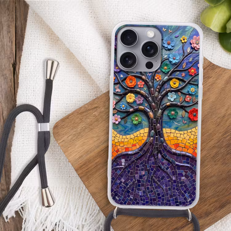 Levensboom - Mozaïek - Bloemen - Kleurrijk - Vrolijk Hoesje iPhone 16 Pro Max met koord klein -sfeer4