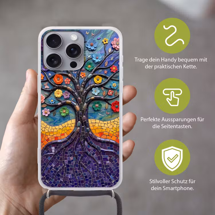 Levensboom - Mozaïek - Bloemen - Kleurrijk - Vrolijk Hoesje iPhone 16 Pro Max met koord klein -sfeer2_DE