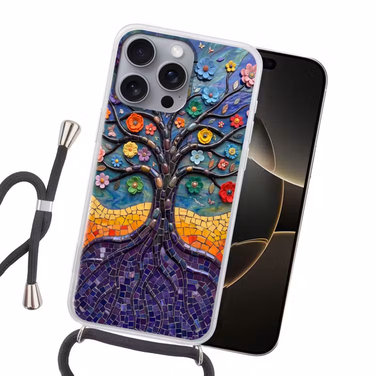 Levensboom - Mozaïek - Bloemen - Kleurrijk - Vrolijk Hoesje iPhone 16 Pro Max met koord klein -sfeer1