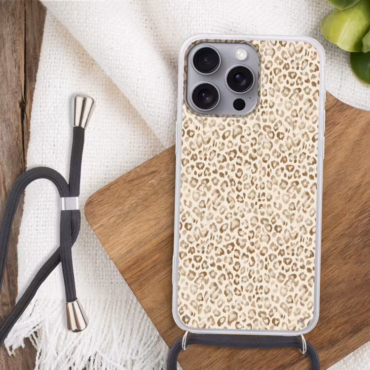 Luipaard - Klassiek - Beige Hoesje iPhone 16 Pro Max met koord klein 804 -sfeer4