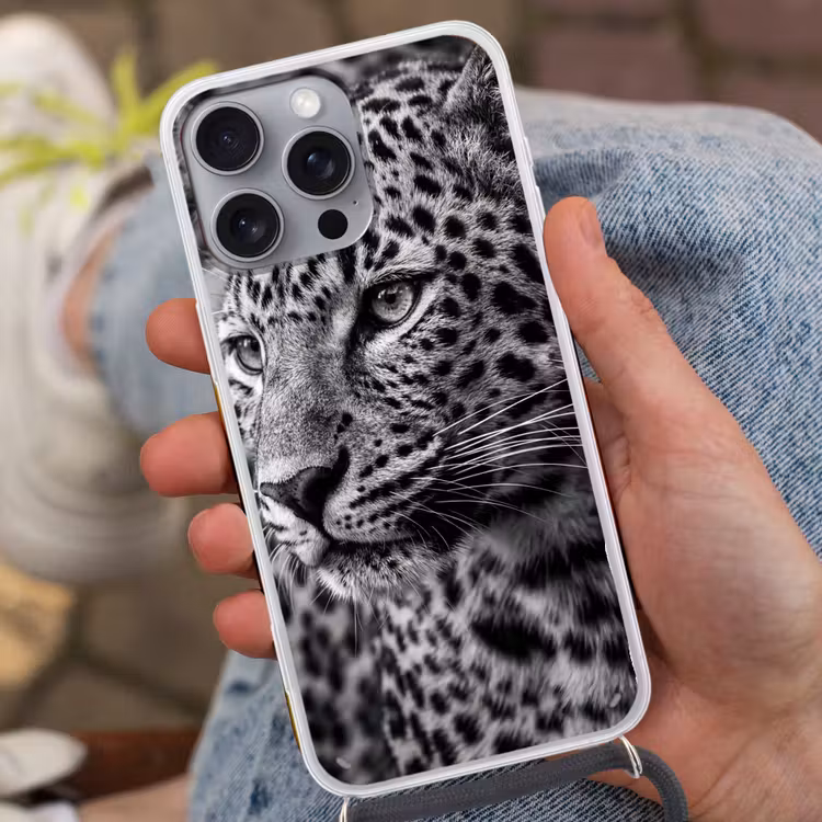 Luipaard - Zwart - Wit - Oog Hoesje iPhone 16 Pro Max met koord klein -sfeer3