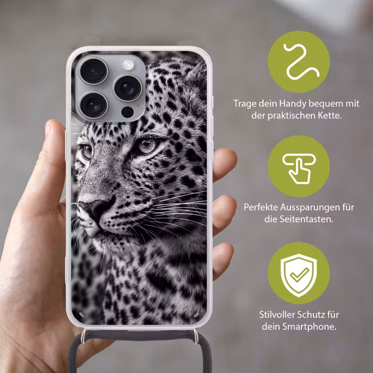 Luipaard - Zwart - Wit - Oog Hoesje iPhone 16 Pro Max met koord klein -sfeer2_DE