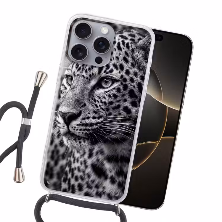 Luipaard - Zwart - Wit - Oog Hoesje iPhone 16 Pro Max met koord klein -sfeer1