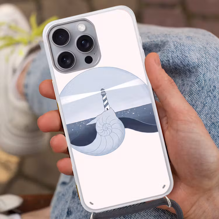 Vuurtoren - Zee - Schelp - Abstract - Blauw Hoesje iPhone 16 Pro Max met koord klein -sfeer3