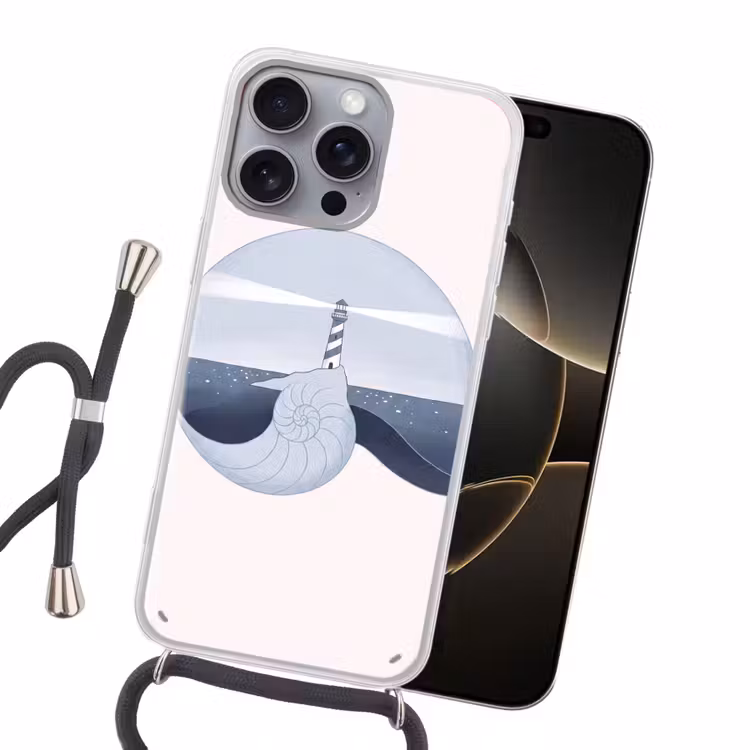 Vuurtoren - Zee - Schelp - Abstract - Blauw Hoesje iPhone 16 Pro Max met koord klein -sfeer1