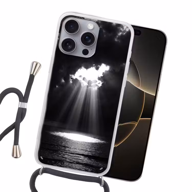 Licht - Wolken - Zee - Zwart-wit - Natuur Hoesje iPhone 16 Pro Max met koord klein -sfeer1