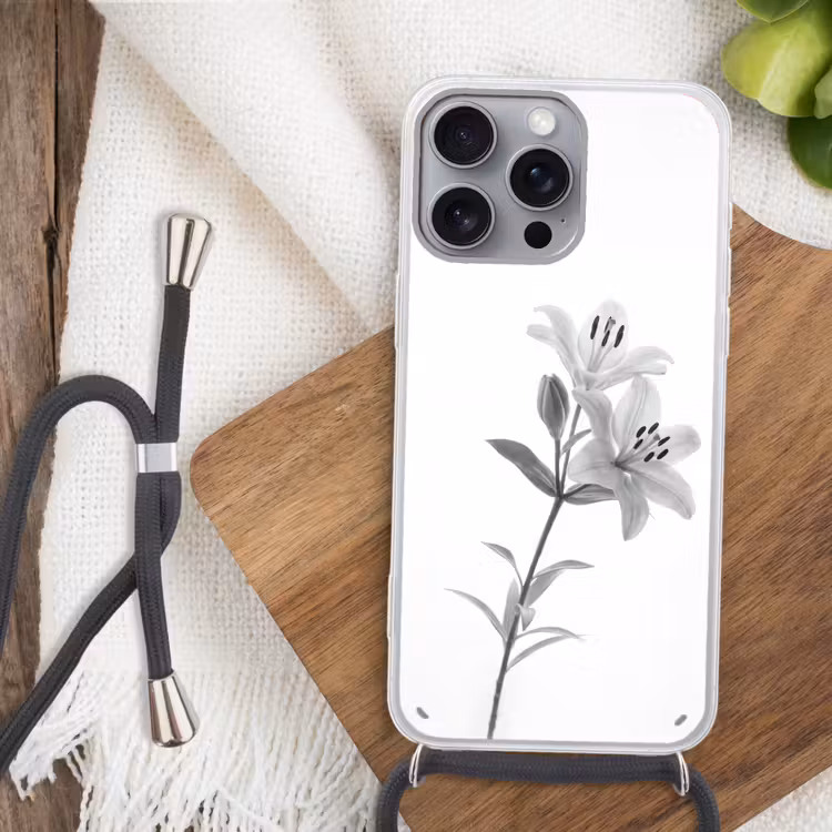 Lelies - Elegant - Zwart - Wit Hoesje iPhone 16 Pro Max met koord klein -sfeer4
