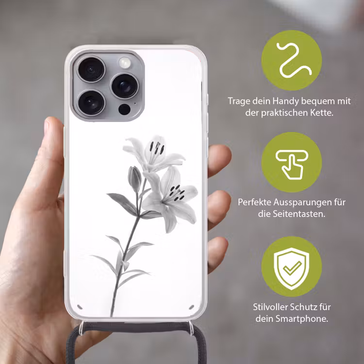 Lelies - Elegant - Zwart - Wit Hoesje iPhone 16 Pro Max met koord klein -sfeer2_DE