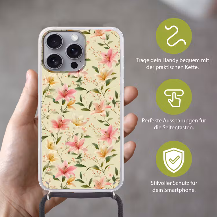 Lelies - Sereen - Kleurrijk Hoesje iPhone 16 Pro Max met koord klein 804 -sfeer2_DE