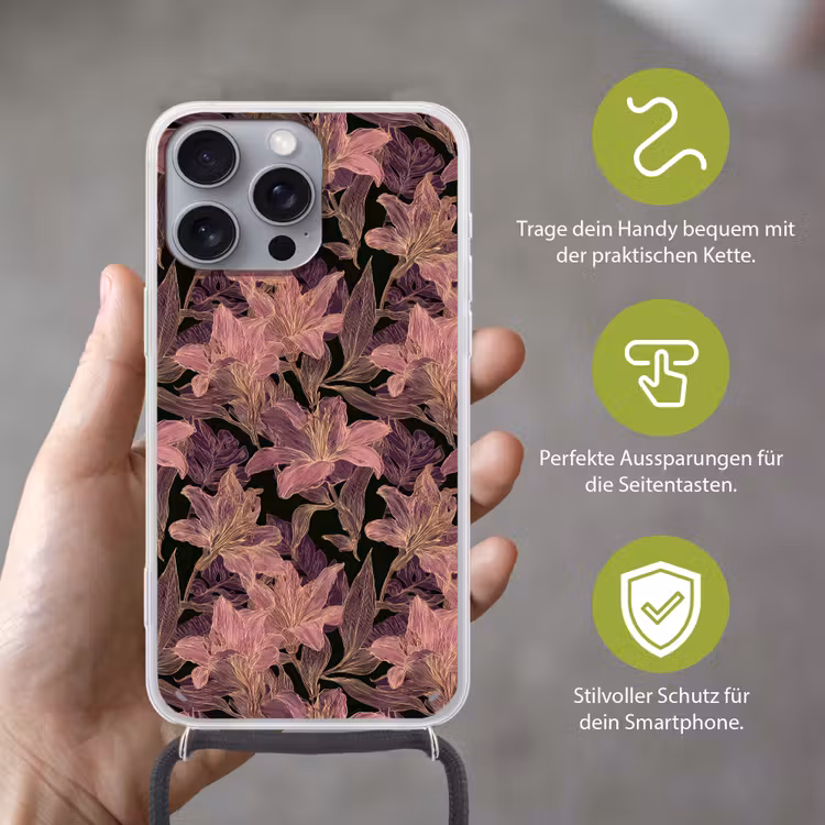 Lelies - Patroon - Paars - Goud Hoesje iPhone 16 Pro Max met koord klein 804 -sfeer2_DE