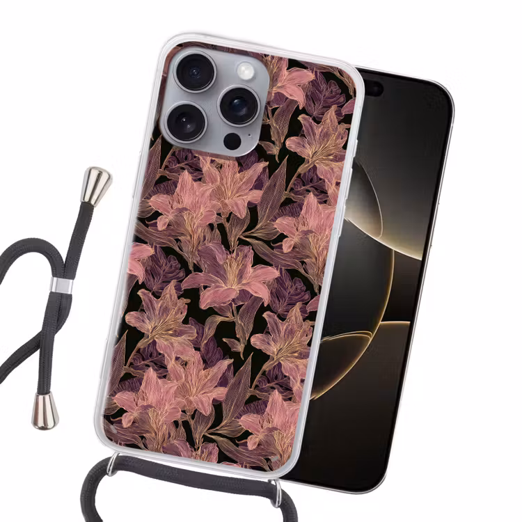 Lelies - Patroon - Paars - Goud Hoesje iPhone 16 Pro Max met koord klein 804 -sfeer1