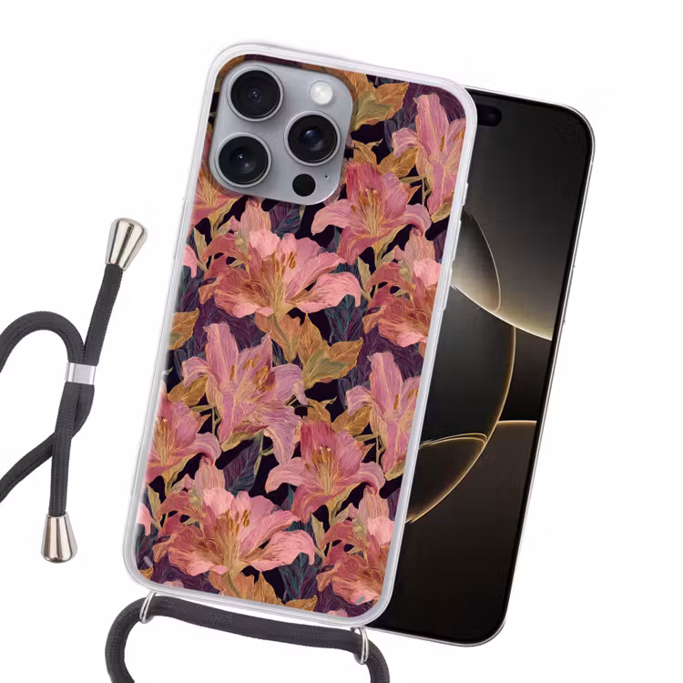 Lelies - Patroon - Roze - Goud Hoesje iPhone 16 Pro Max met koord klein 804 -sfeer1
