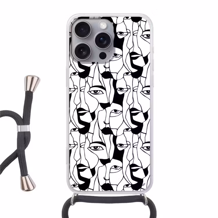 Lijnen - Gezichten - Zwart - Wit Hoesje iPhone 16 Pro Max met koord klein 804 -3d