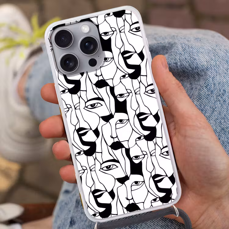 Lijnen - Gezichten - Zwart - Wit Hoesje iPhone 16 Pro Max met koord klein 804 -sfeer3