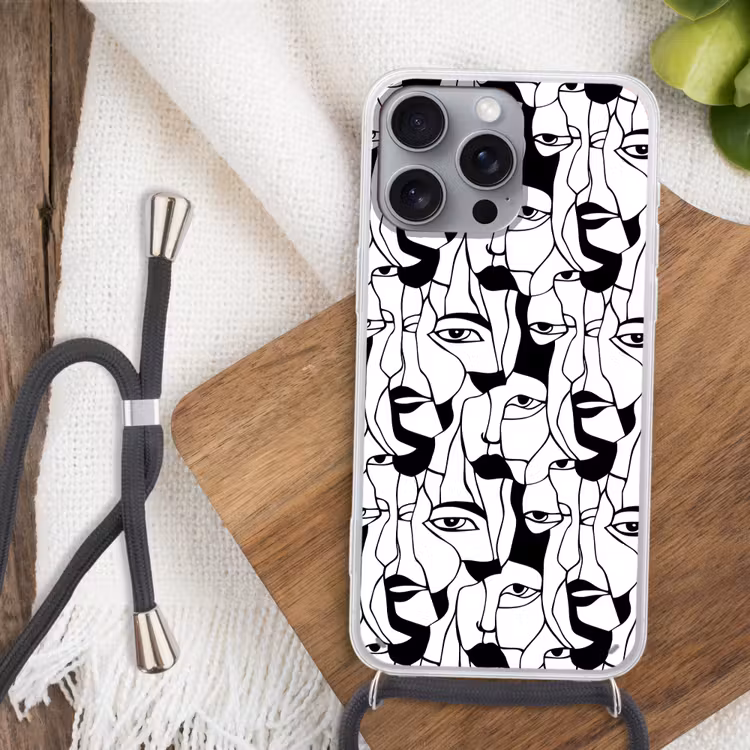 Lijnen - Gezichten - Zwart - Wit Hoesje iPhone 16 Pro Max met koord klein 804 -sfeer4