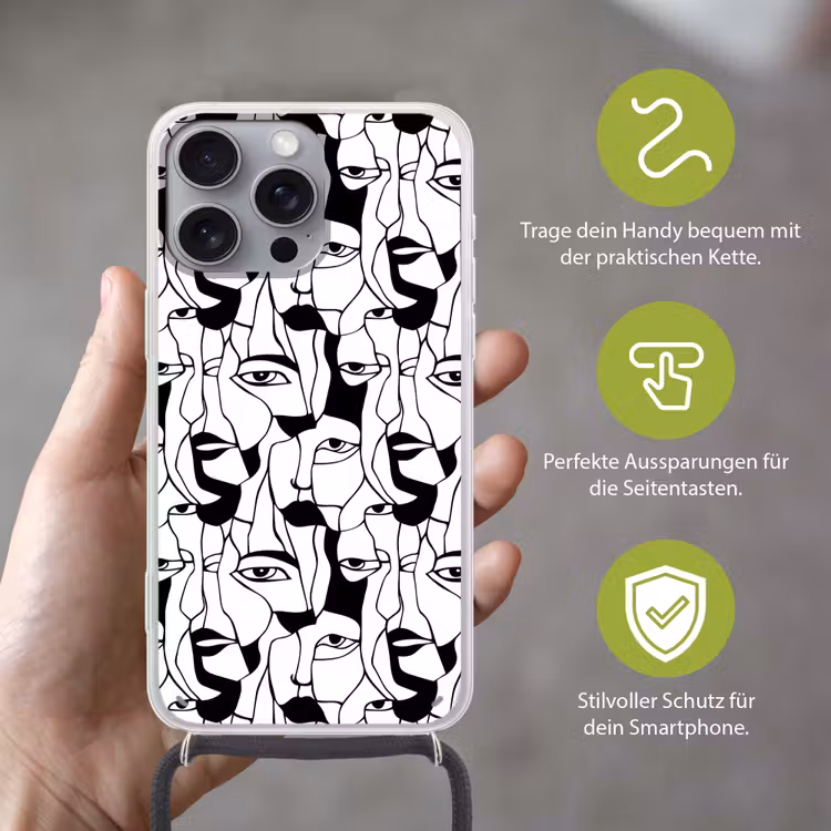 Lijnen - Gezichten - Zwart - Wit Hoesje iPhone 16 Pro Max met koord klein 804 -sfeer2_DE