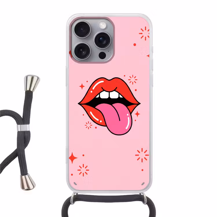 Lippen - Tong - Pop-art - Kleurrijk - Roze Hoesje iPhone 16 Pro Max met koord klein -3d