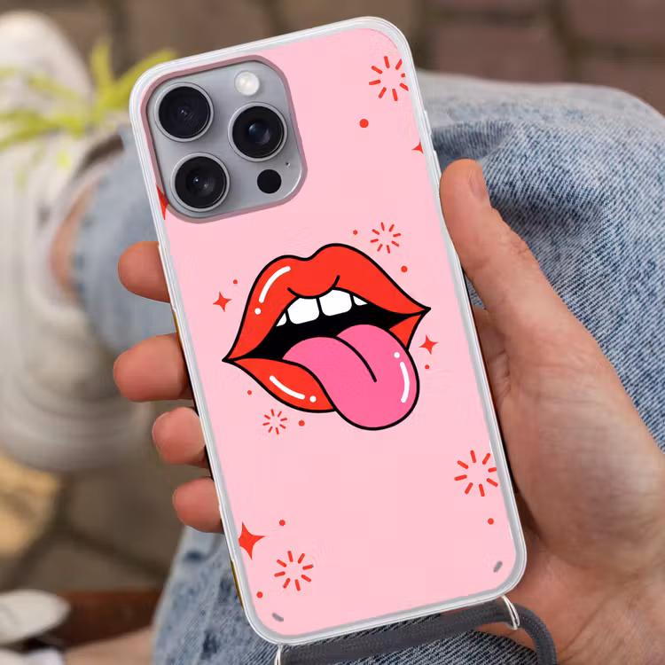Lippen - Tong - Pop-art - Kleurrijk - Roze Hoesje iPhone 16 Pro Max met koord klein -sfeer3