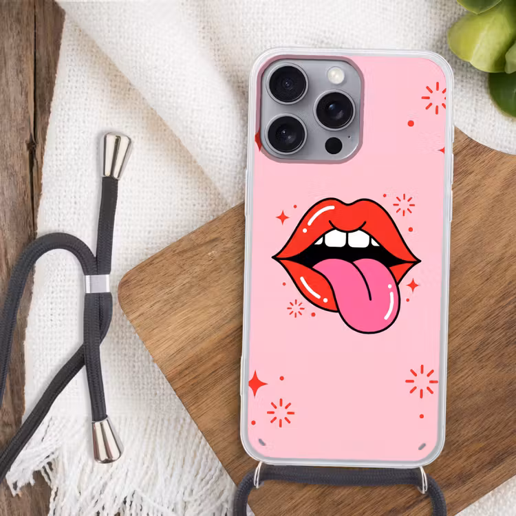 Lippen - Tong - Pop-art - Kleurrijk - Roze Hoesje iPhone 16 Pro Max met koord klein -sfeer4
