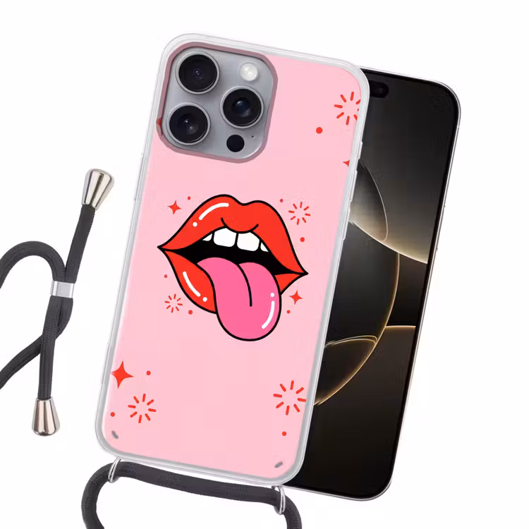 Lippen - Tong - Pop-art - Kleurrijk - Roze Hoesje iPhone 16 Pro Max met koord klein -sfeer1