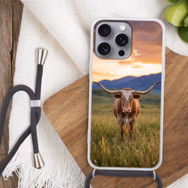Longhorn - Landschap - Zonsondergang Hoesje iPhone 16 Pro Max met koord klein -sfeer4