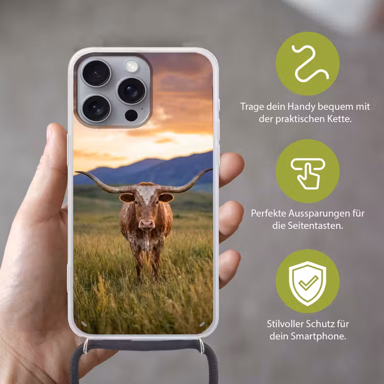 Longhorn - Landschap - Zonsondergang Hoesje iPhone 16 Pro Max met koord klein -sfeer2_DE