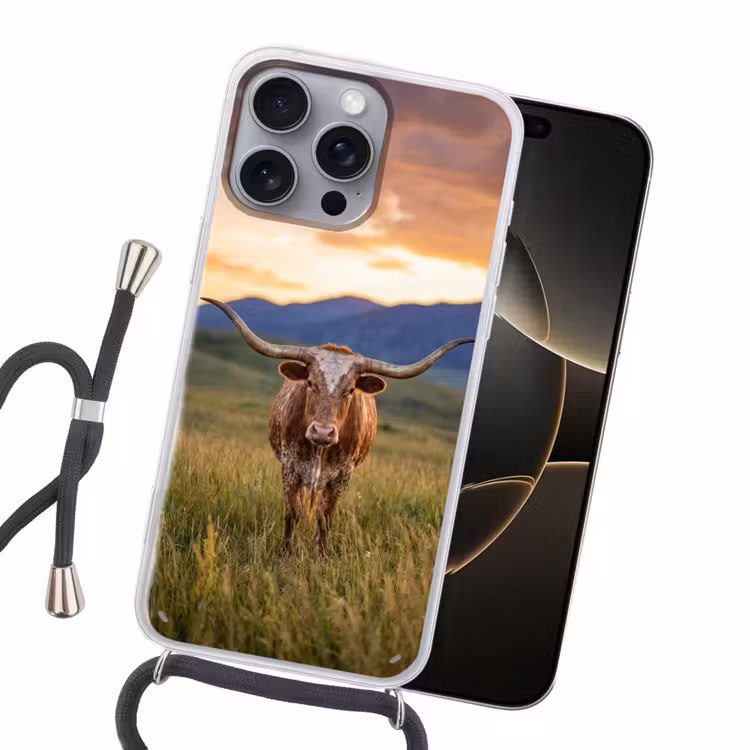 Longhorn - Landschap - Zonsondergang Hoesje iPhone 16 Pro Max met koord klein -sfeer1