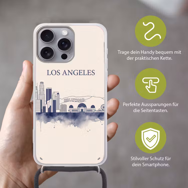 Los Angeles - Skyline - Architectuur - Aquarel - Blauw Hoesje iPhone 16 Pro Max met koord klein -sfeer2_DE