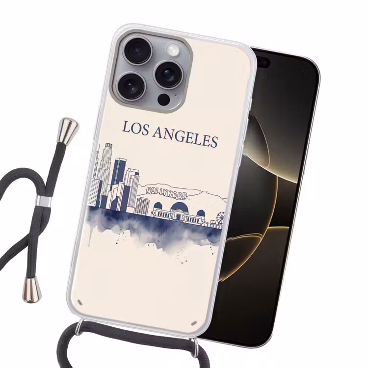 Los Angeles - Skyline - Architectuur - Aquarel - Blauw Hoesje iPhone 16 Pro Max met koord klein -sfeer1