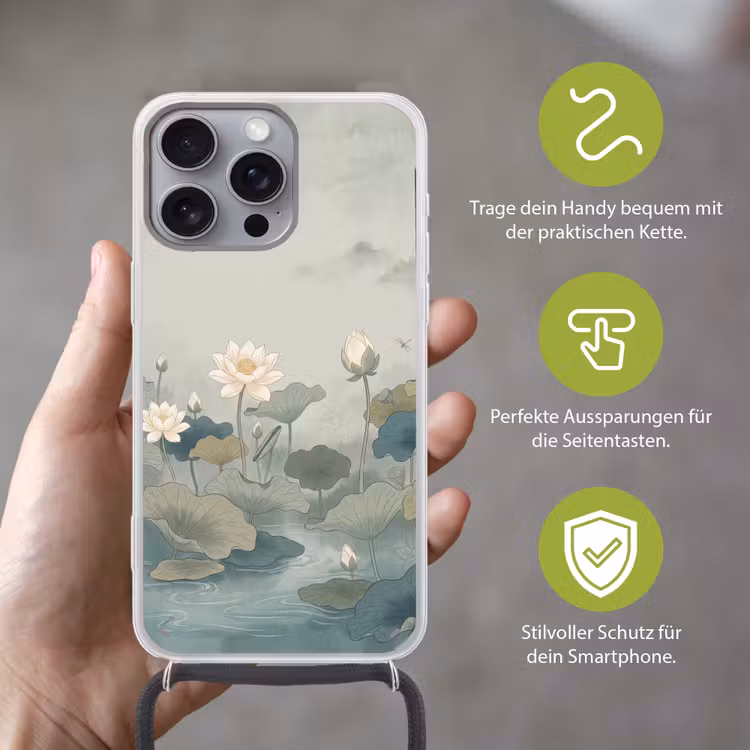 Lotus - Bloemen - Groen Hoesje iPhone 16 Pro Max met koord klein -sfeer2_DE