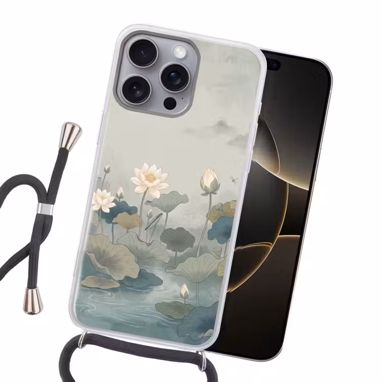 Lotus - Bloemen - Groen Hoesje iPhone 16 Pro Max met koord klein -sfeer1