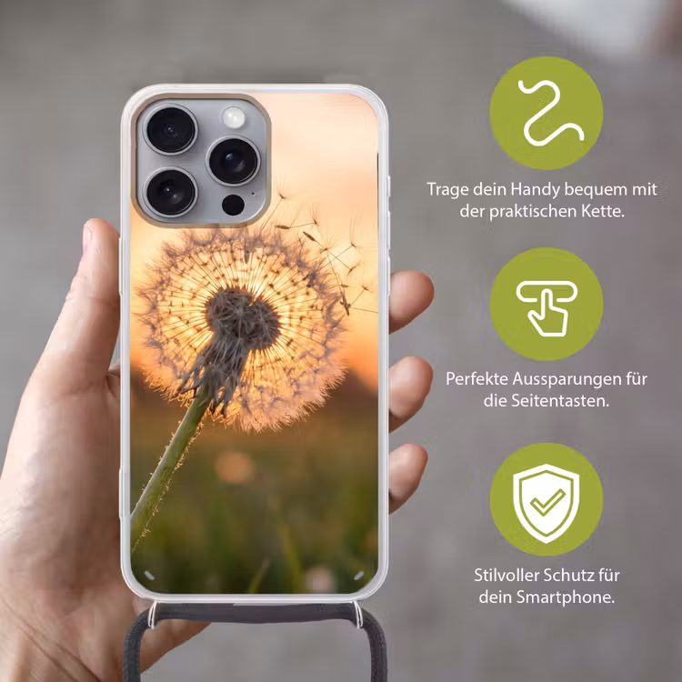 Paardenbloem - Zonsondergang - Veld Hoesje iPhone 16 Pro Max met koord klein -sfeer2_DE