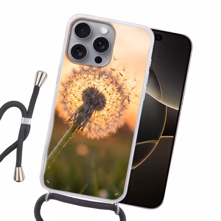 Paardenbloem - Zonsondergang - Veld Hoesje iPhone 16 Pro Max met koord klein -sfeer1