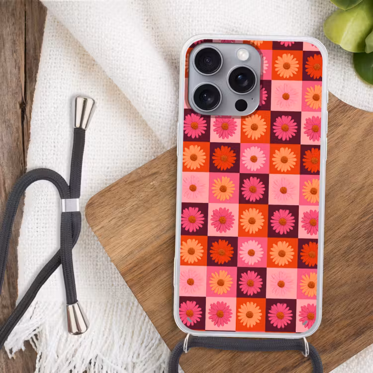 Madeliefjes - Dambord - Retro - Roze - Oranje Hoesje iPhone 16 Pro Max met koord klein 804 -sfeer4