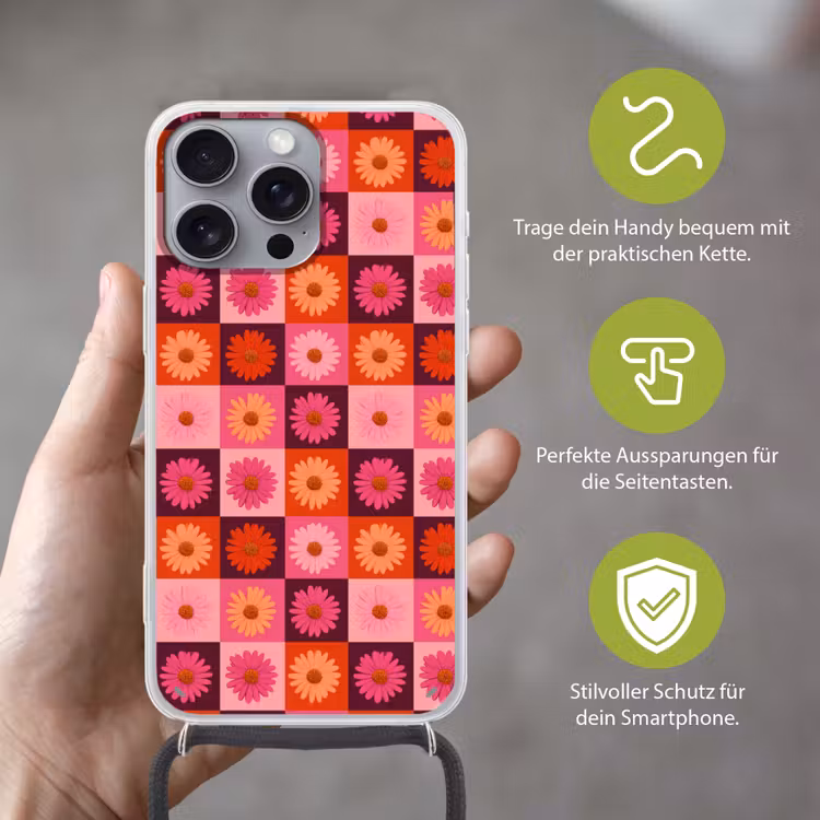 Madeliefjes - Dambord - Retro - Roze - Oranje Hoesje iPhone 16 Pro Max met koord klein 804 -sfeer2_DE