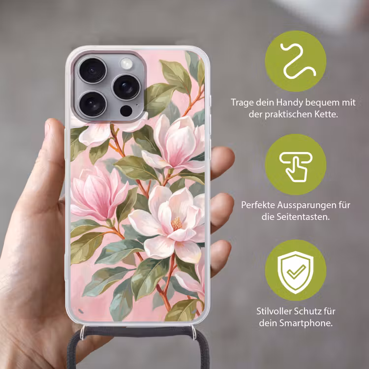 Magnolia's - Patroon - Roze Hoesje iPhone 16 Pro Max met koord klein -sfeer2_DE