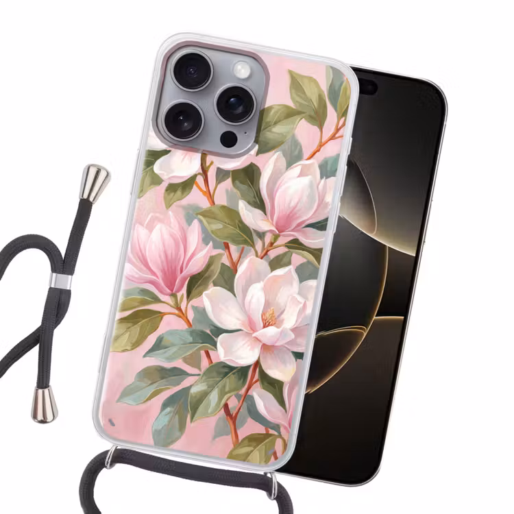 Magnolia's - Patroon - Roze Hoesje iPhone 16 Pro Max met koord klein -sfeer1