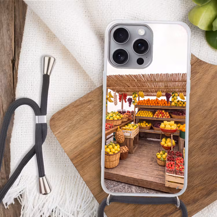 Handyhülle mit Band - Marktstand – Obst – Frisch - Marktkraam - Fruit - Vers Hoesje iPhone 16 Pro Max met koord klein