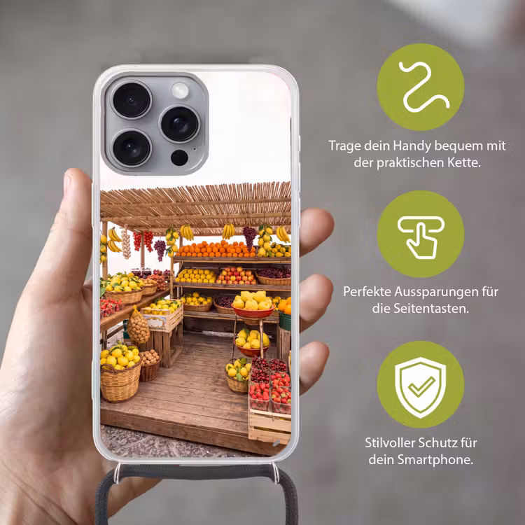 Handyhülle mit Band - Marktstand – Obst – Frisch - Marktkraam - Fruit - Vers Hoesje iPhone 16 Pro Max met koord klein