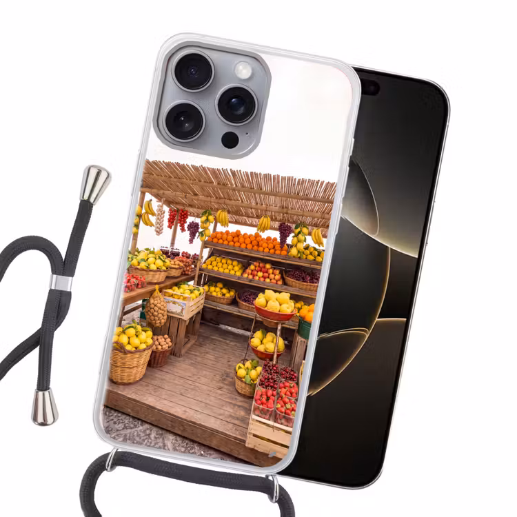 Handyhülle mit Band - Marktstand – Obst – Frisch - Marktkraam - Fruit - Vers Hoesje iPhone 16 Pro Max met koord klein