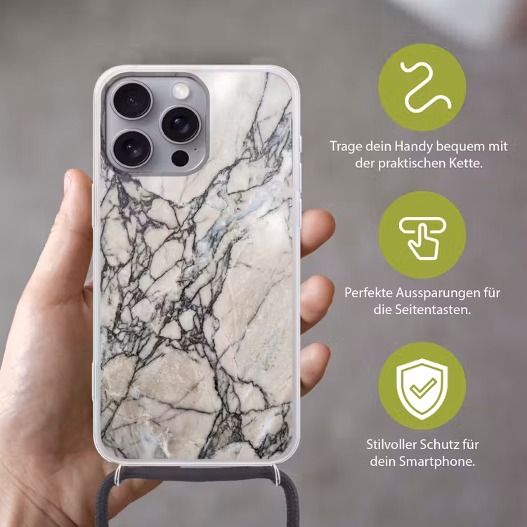 Marmer - Aderen - Patroon - Wit - Grijs Hoesje iPhone 16 Pro Max met koord klein -sfeer2_DE