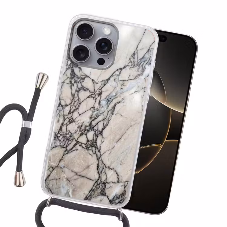 Marmer - Aderen - Patroon - Wit - Grijs Hoesje iPhone 16 Pro Max met koord klein -sfeer1