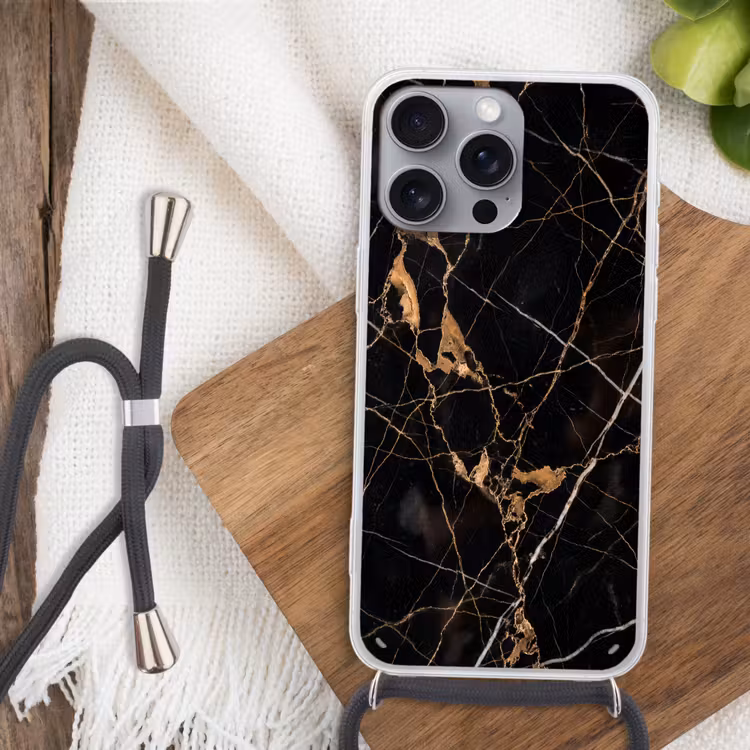 Marmer - Goud - Abstract - Zwart Hoesje iPhone 16 Pro Max met koord klein -sfeer4