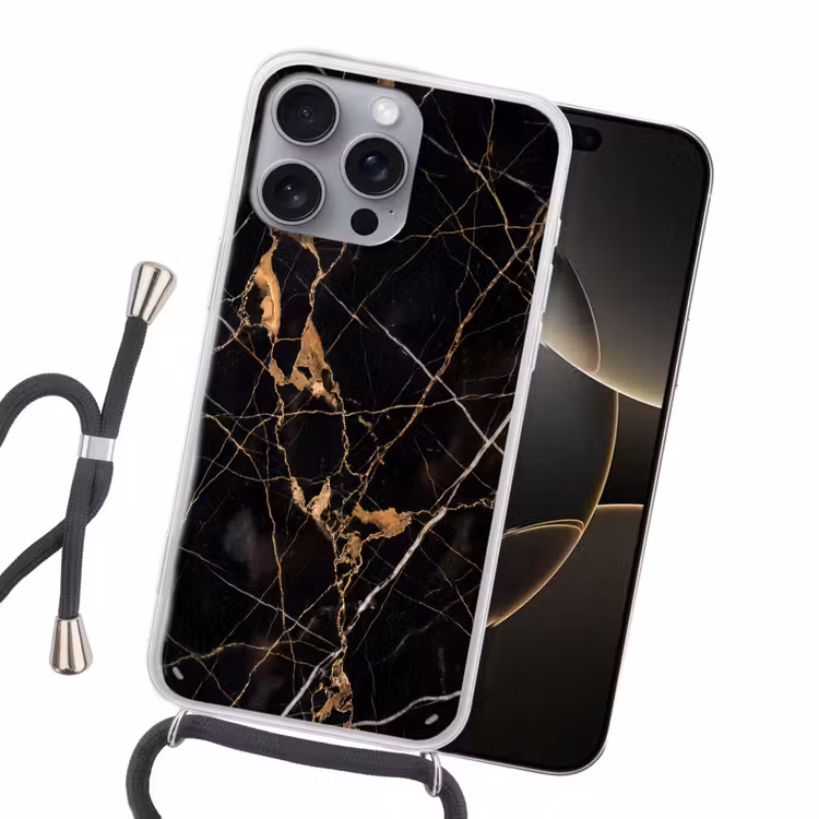 Marmer - Goud - Abstract - Zwart Hoesje iPhone 16 Pro Max met koord klein -sfeer1