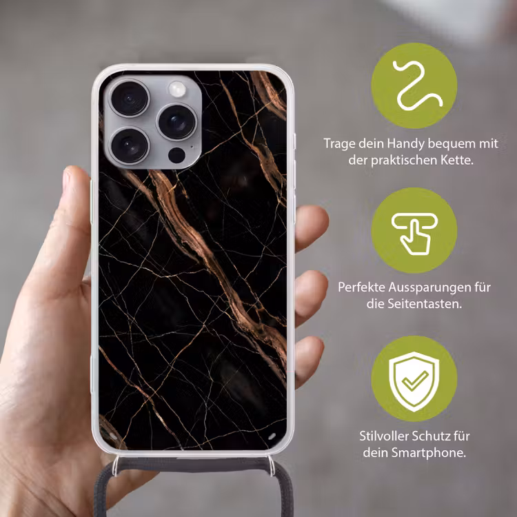 Marmer - Goud - Patroon - Luxe - Zwart Hoesje iPhone 16 Pro Max met koord klein -sfeer2_DE