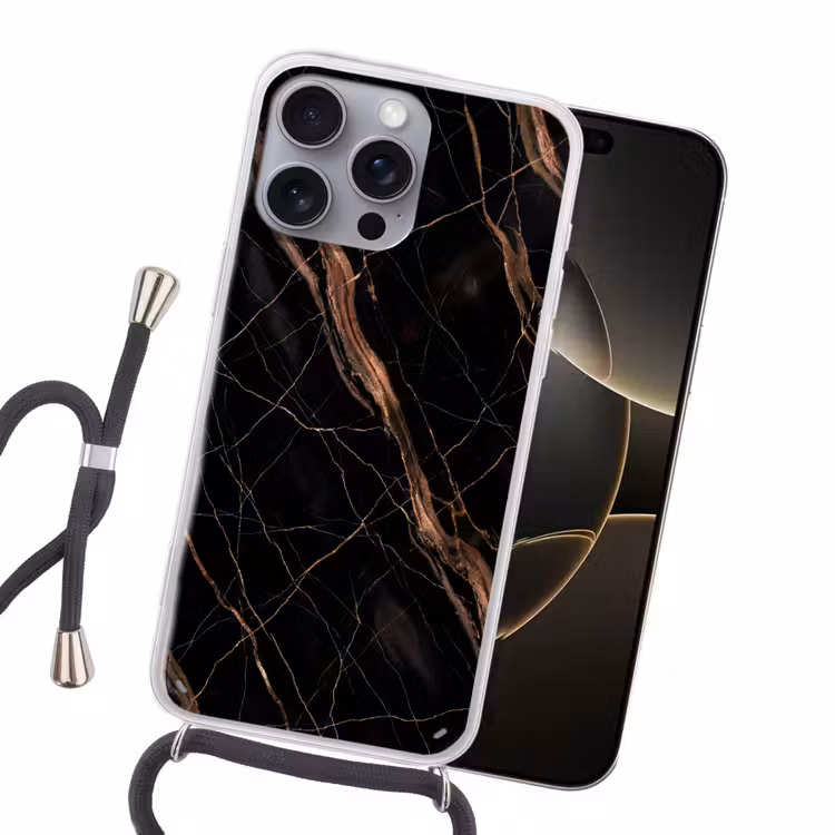 Marmer - Goud - Patroon - Luxe - Zwart Hoesje iPhone 16 Pro Max met koord klein -sfeer1