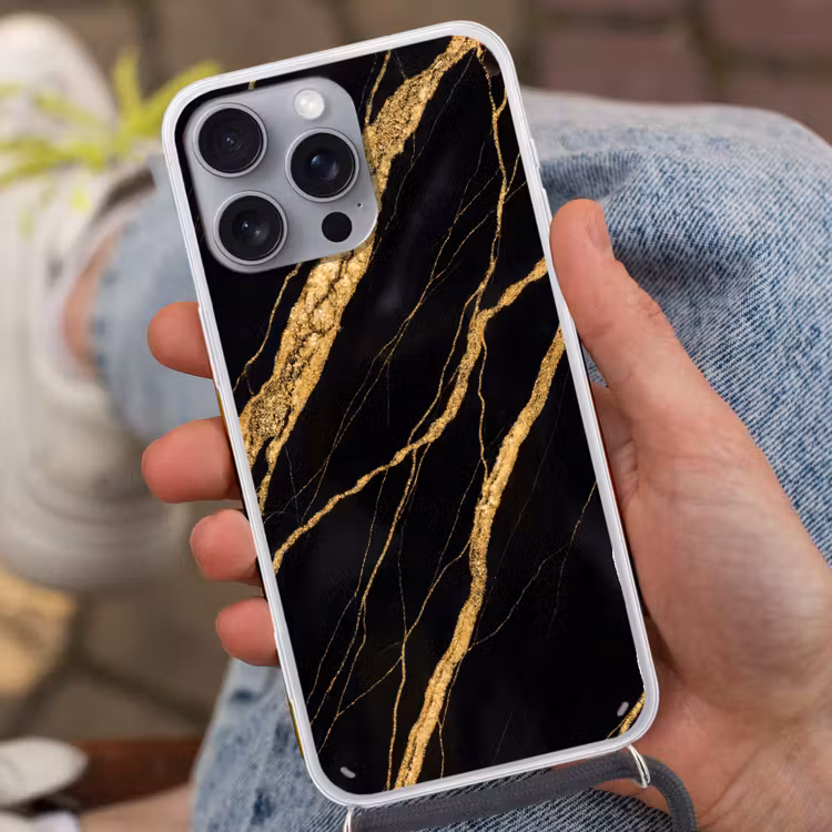 Marmer - Goud - Textuur - Abstract - Zwart Hoesje iPhone 16 Pro Max met koord klein -sfeer3