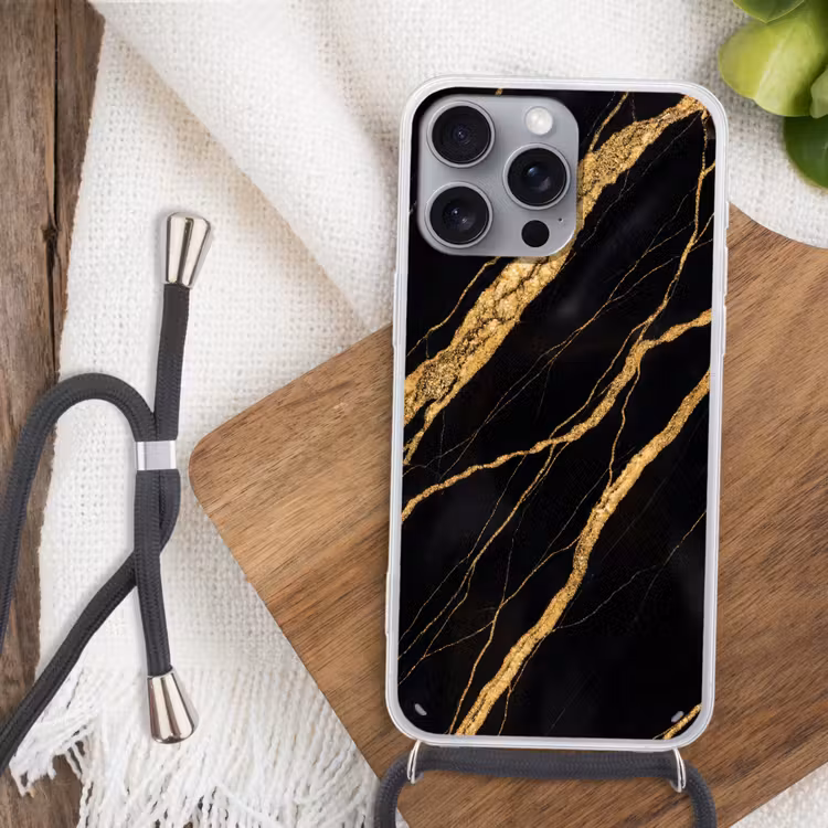 Marmer - Goud - Textuur - Abstract - Zwart Hoesje iPhone 16 Pro Max met koord klein -sfeer4