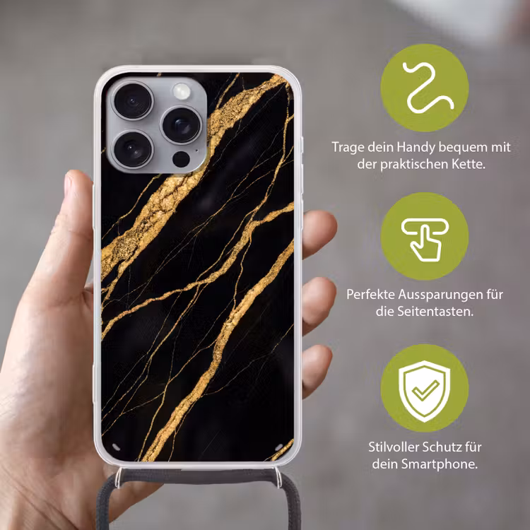 Marmer - Goud - Textuur - Abstract - Zwart Hoesje iPhone 16 Pro Max met koord klein -sfeer2_DE